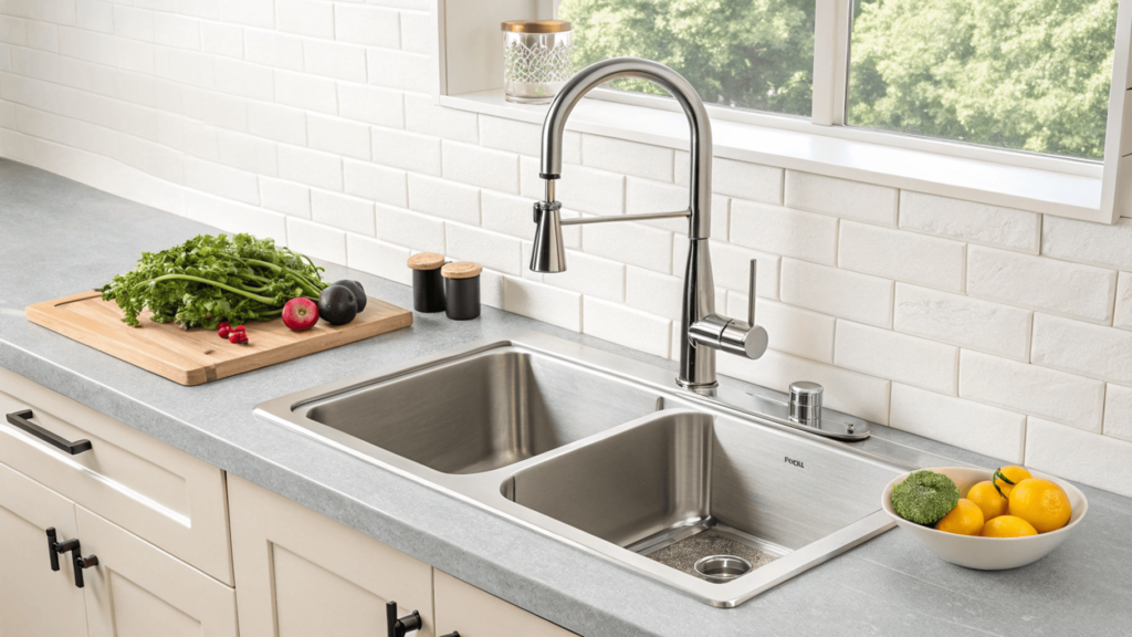 Modern and budget-friendly stainless steel kitchen sink and faucet upgrade.