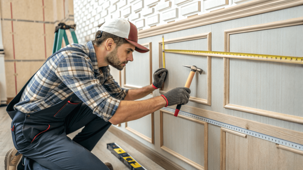 "A professional installer working on a wall paneling project. Focus on their tools and expertise."