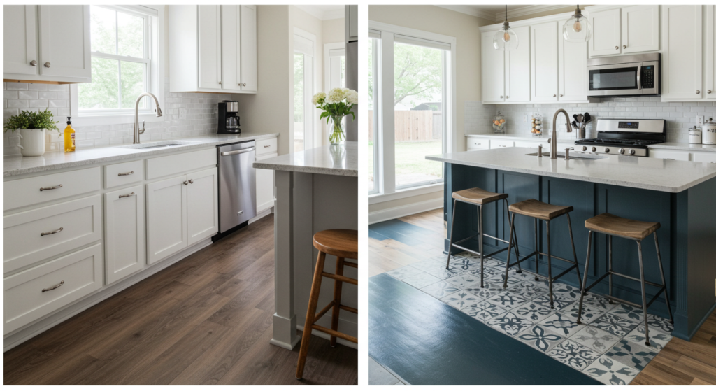 Kitchen with budget-friendly and durable luxury vinyl plank flooring.