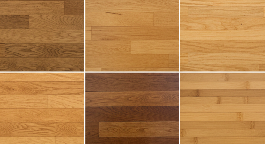 A collage of close-up images showcasing different types of wood used for paneling: oak, maple, pine, walnut, and bamboo. Each image highlights the unique grain patterns and color variations."