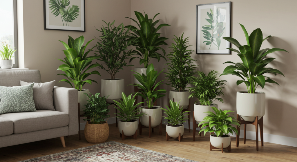 A living room with a variety of different potted plants arranged in a corner, showcasing how different sized plants can be used to create visual interest, and how they also bring a touch of nature indoors