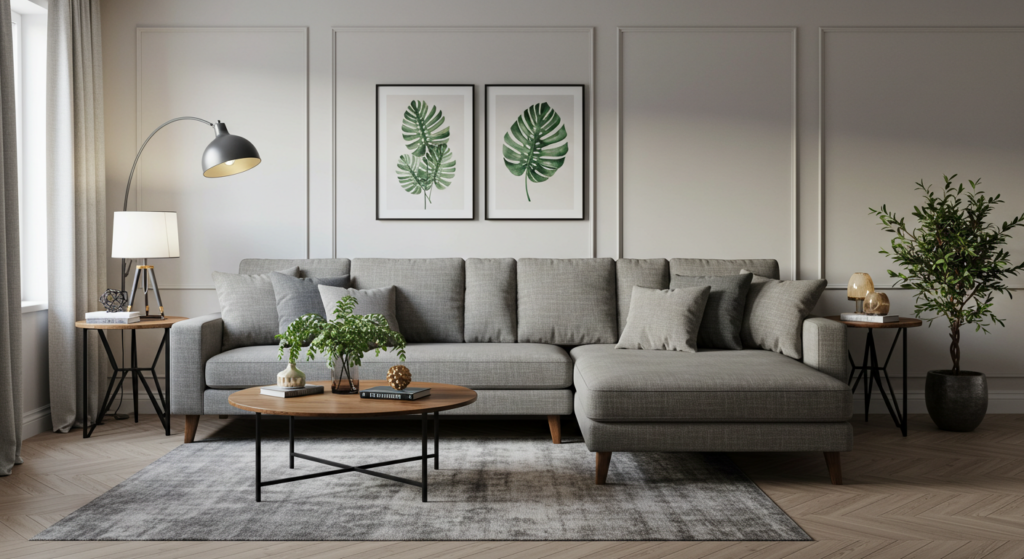 A well designed living room that is showcasing a comfortable and stylish sectional sofa, that is the focal point of the design. It demonstrates how to chose the right type of sofa to match your design.