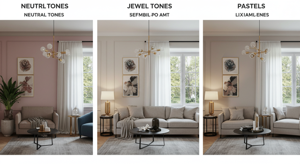 A visual representation showcasing three different color scheme options for a living room, with one having neutral tones, one with jewel tones, and one with pastels. The different examples will help demonstrate how color can affect the overall look and feel of a room