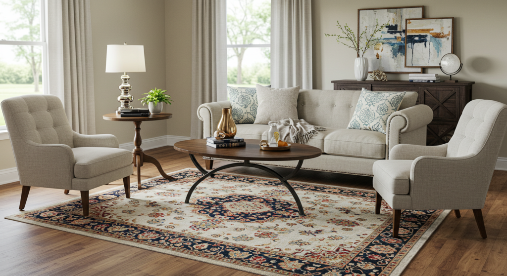 A living room showcasing a patterned area rug, with the front legs of the sofa and chairs placed on the rug, which visually anchors the seating area. This shows the best way to use a rug, for the most impact.