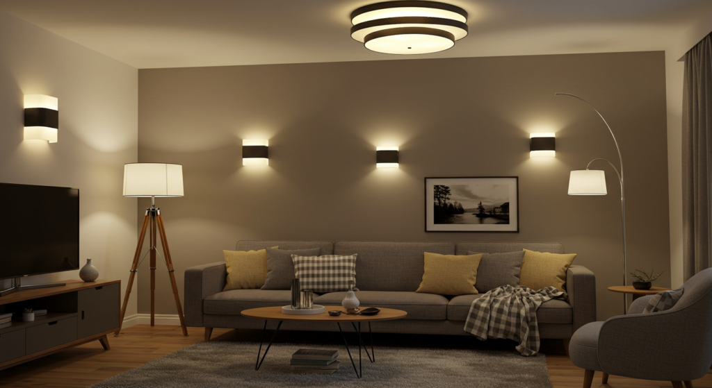 A living room with a combination of ceiling lights, floor lamps, and wall sconces, showcasing how to use layered lighting to create a warm and inviting atmosphere. It is also showcasing how lighting can greatly affect the mood and feeling of a room