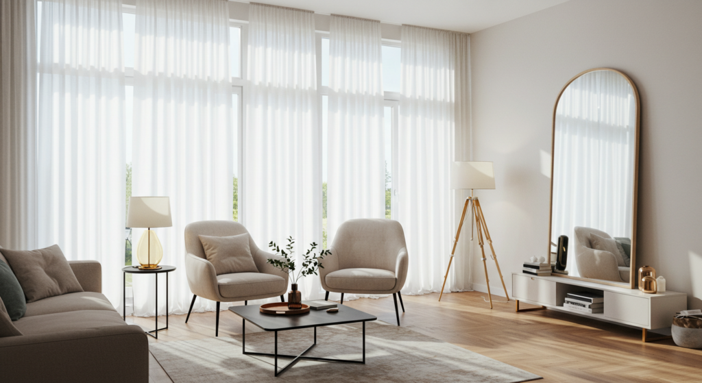 A bright and airy living room with large windows, sheer curtains, and a strategically placed mirror that reflects natural light. This image showcases how these elements can make a room feel more inviting and spacious