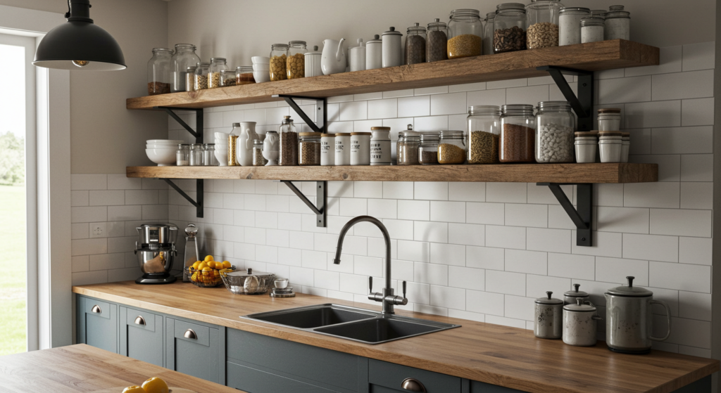 Kitchen with stylish and budget-friendly DIY open shelving.