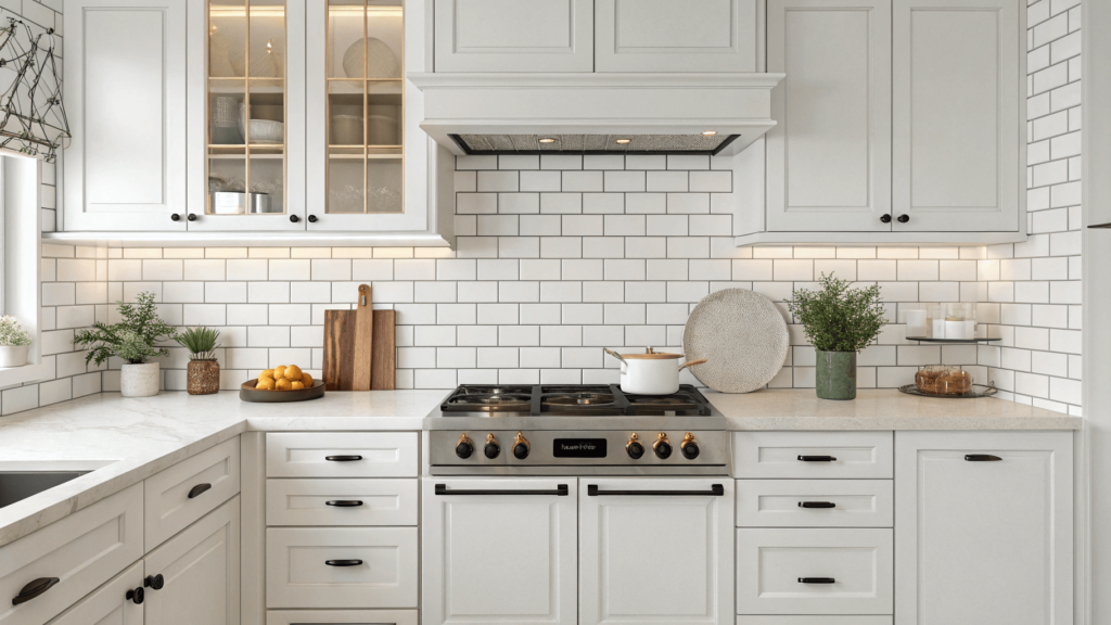 Kitchen with budget-friendly and timeless subway tile backsplash.