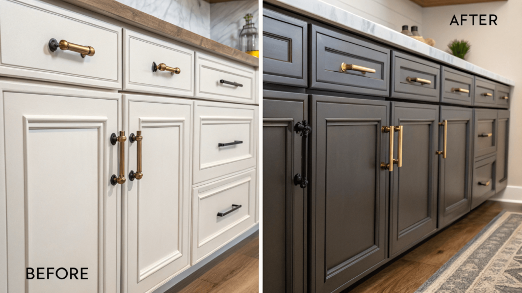 dated cabinet hardware updated to modern brass handles.