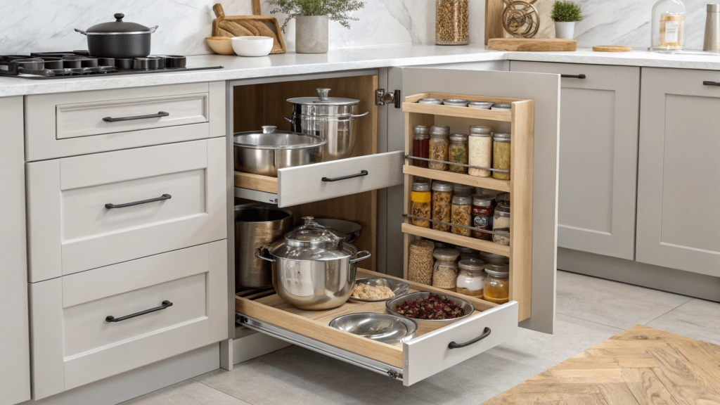 Kitchen cabinet with budget-friendly pull-out organizers for efficient storage.