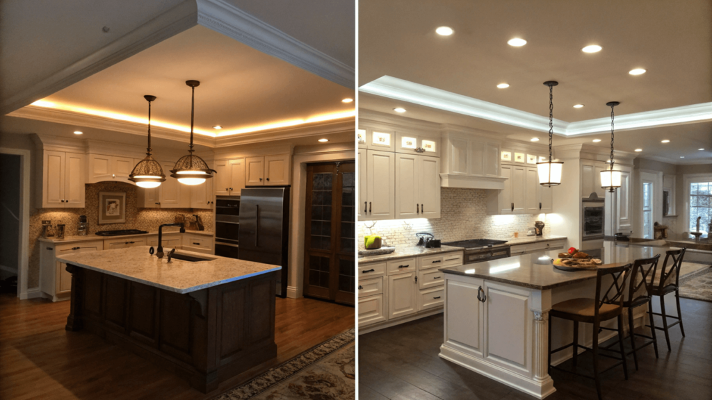 Before and after: dreary kitchen transformed with layered and updated lighting fixtures.