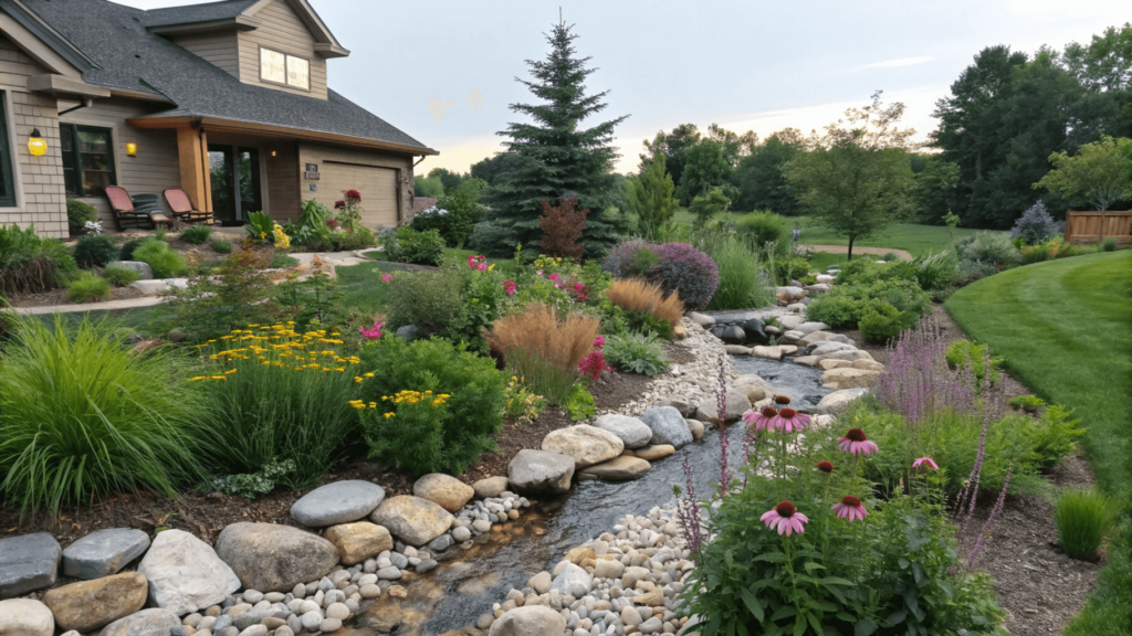 a modern rain garden with native plants