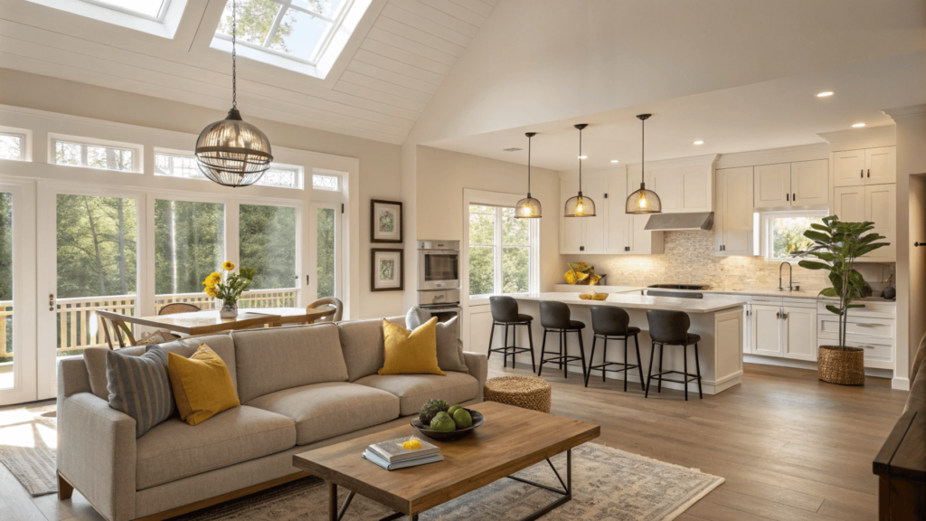 A bright, lived-in open concept space with natural light streaming through windows, showing a cozy sectional, modern dining area, and kitchen with pendant lights