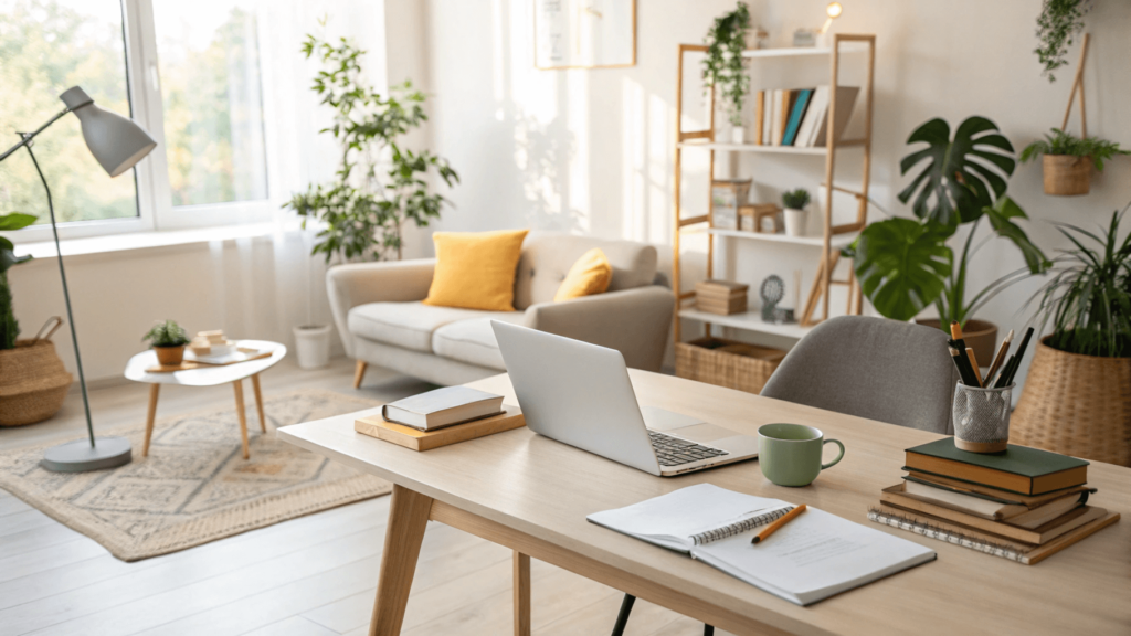 Designing Multi-Functional Rooms A bright, well-organized room showing a seamless workspace transitioning into a living area