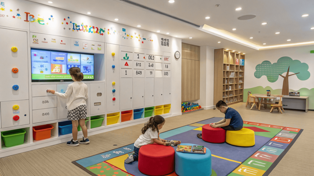 A brightly lit playroom featuring an interactive learning wall, smart storage units with LED indicators, and kids playing while wearing activity trackers. It showcases how smart technology can also be used to create a fun and engaging playroom for children