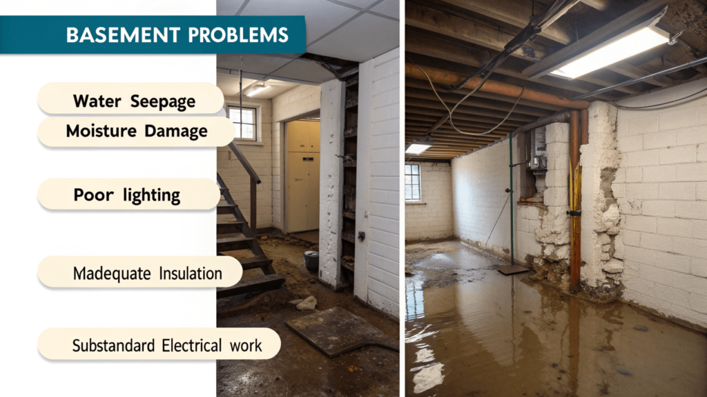 A collage of four common basement problems