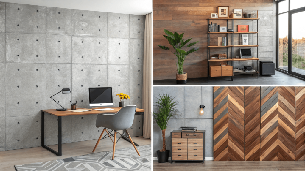 A collage showcasing various high-end cement wall finishes suitable for a modern home office. This image includes examples of a polished concrete wall for an industrial look, a textured cement wall with a geometric design, a colored concrete wall using warm earth tones, and a hybrid wall with wood inlays