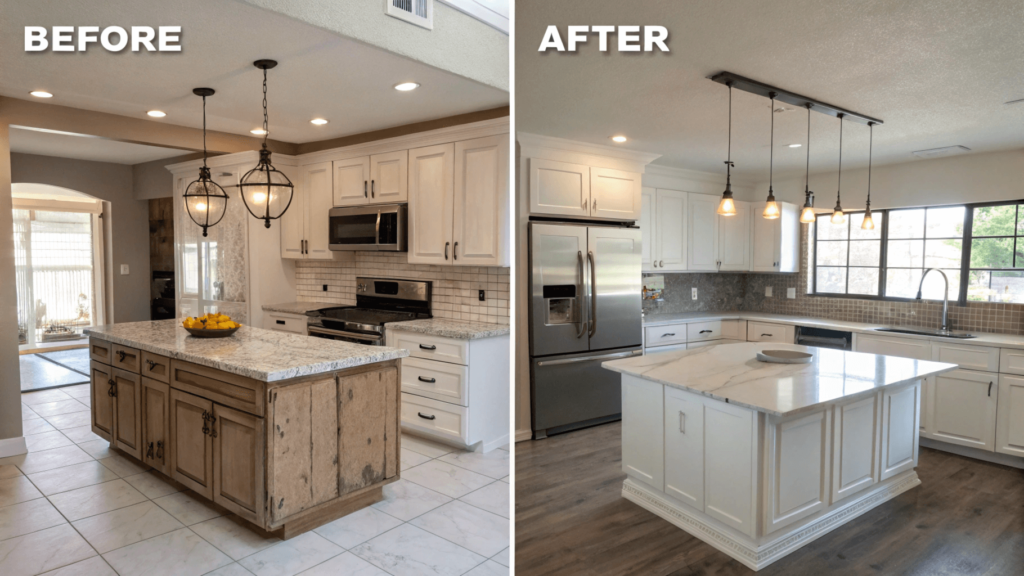 Discover exact kitchen renovation costs with our detailed 2024 budget breakdown. From basic upgrades to luxury remodels, learn what to expect and how to save on your project. A dramatic before/after split image of a kitchen renovation