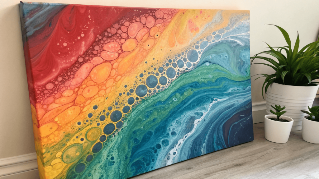 DIY pour painting canvas art with fluid effects and vibrant colors.
