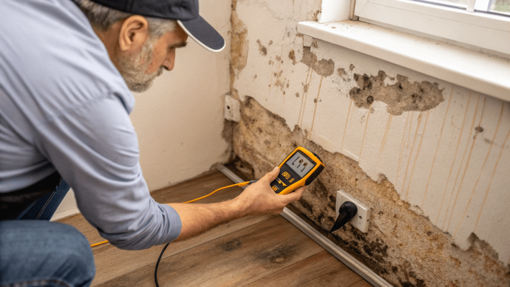 A homeowner is using a moisture meter to check for dampness on an interior wall of an old stone house. This image helps to visualize the process of identifying water infiltration issues within your home and showcases the common signs of dampness that should be further addressed