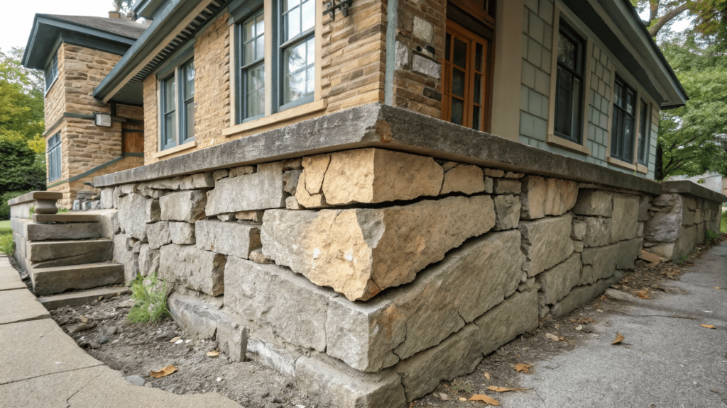 A photo demonstrating common issues in an old stone house foundation. This image shows a close-up of a stone foundation with visible cracks, crumbling mortar, and signs of water damage, which can include stains, and mold. The photo also showcases missing mortar between the stones, indicating a need for professional repair and stabilization.