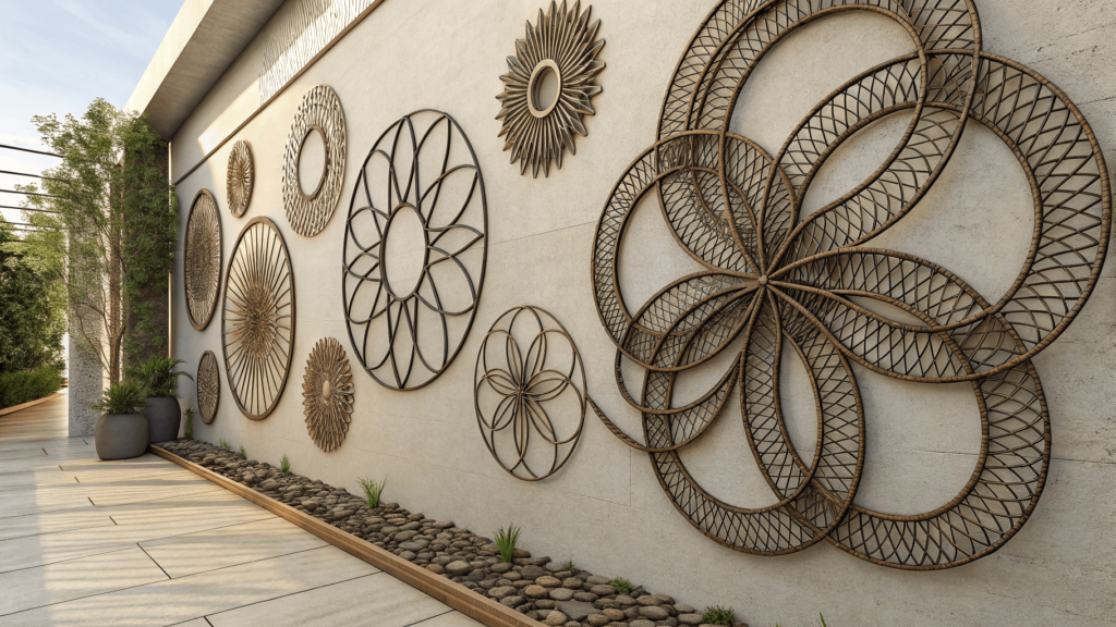  Sculptural modern wall art installation made of metal wire creating shadows.