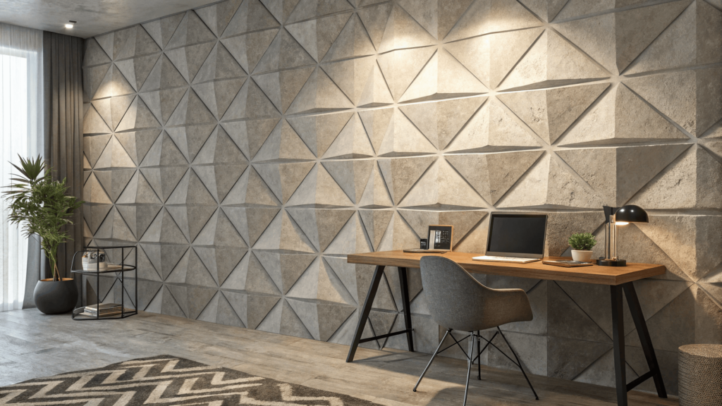 A close-up of a textured cement wall with a geometric pattern that catches light. This image showcases the modern techniques used to create various textures and a dynamic look that provides a visual display of different depths and textures