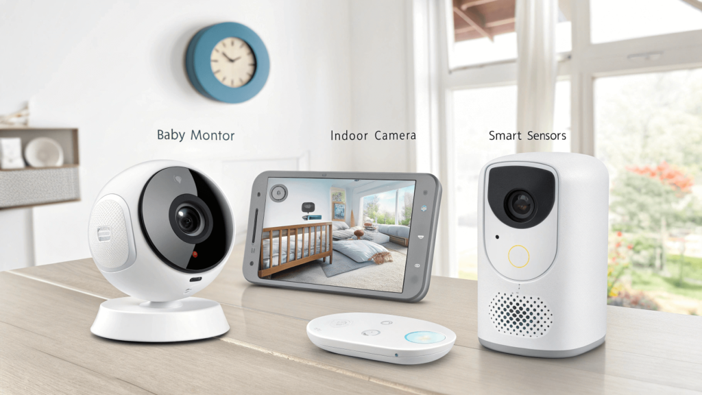 A visual representation of different intelligent monitoring devices, such as a high-end baby monitor, an indoor camera and smart sensors. This image will help showcase the various devices that can help a parent monitor their home