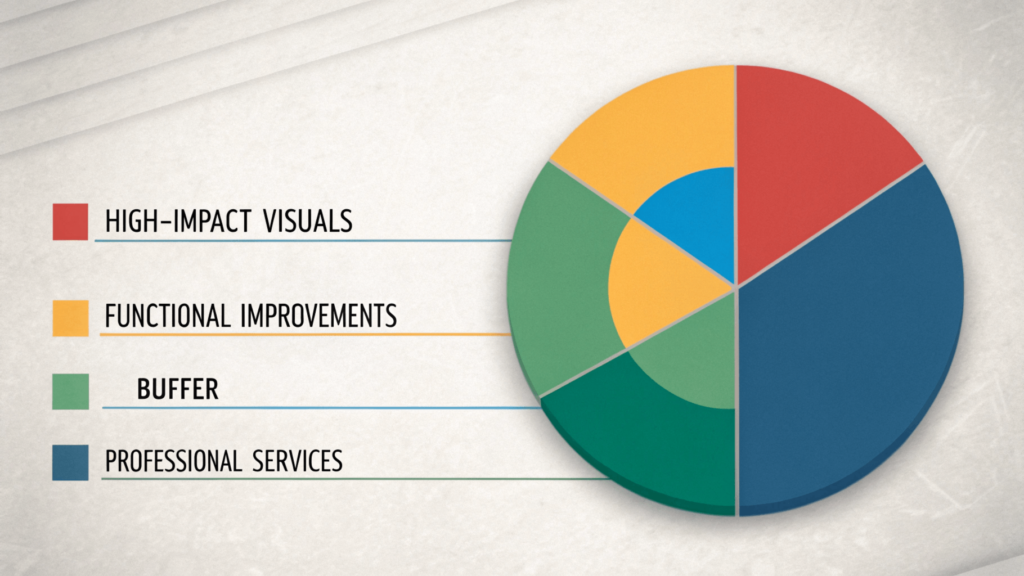 A visually appealing pie chart illustrating the proposed budget allocation percentages (High-Impact Visual, Functional Improvements, Buffer, Professional Services