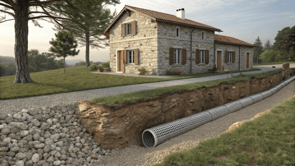 An image that demonstrates how a French drain system looks. This is a system that is built around your property to help divert water away from your foundation. This showcases a comprehensive drainage system used to manage water runoff around an old stone house. The system includes a gravel-filled trench and a perforated pipe, highlighting the importance of proper drainage