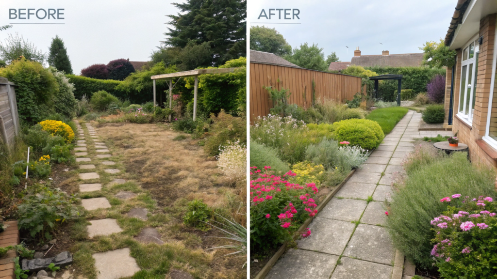 Before and after of a budget-friendly garden makeover