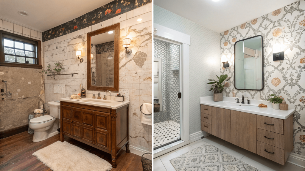 Affordable Bathroom Remodel Before and after: dated 1990s bathroom transformed into a modern oasis on a budget.