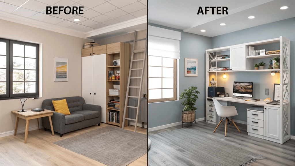 Before and after transformation of a multi-functional room