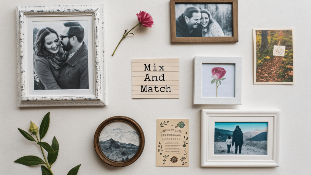 Mixed content selection for a visually interesting gallery wall: photos, DIY art, text, mirrors.