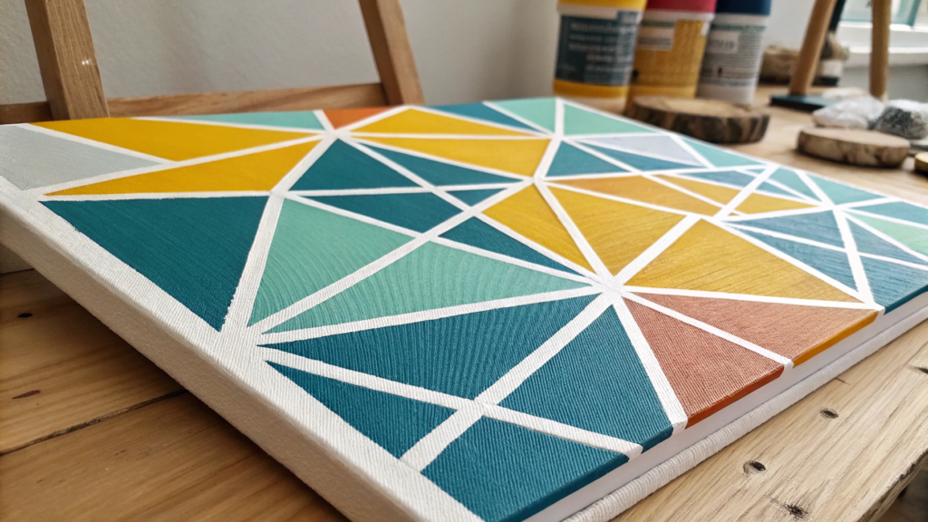 DIY geometric abstract canvas art with clean lines and bold colors.