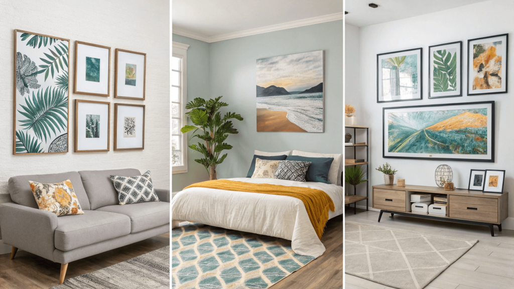 collage of three rooms, bedroom, living room, home office