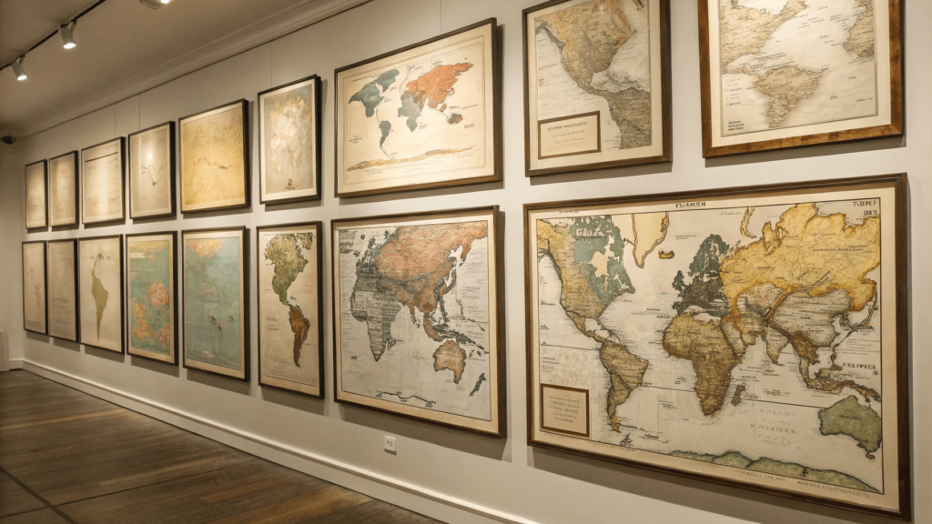Framed vintage map art collection, budget-friendly and sophisticated DIY decor.