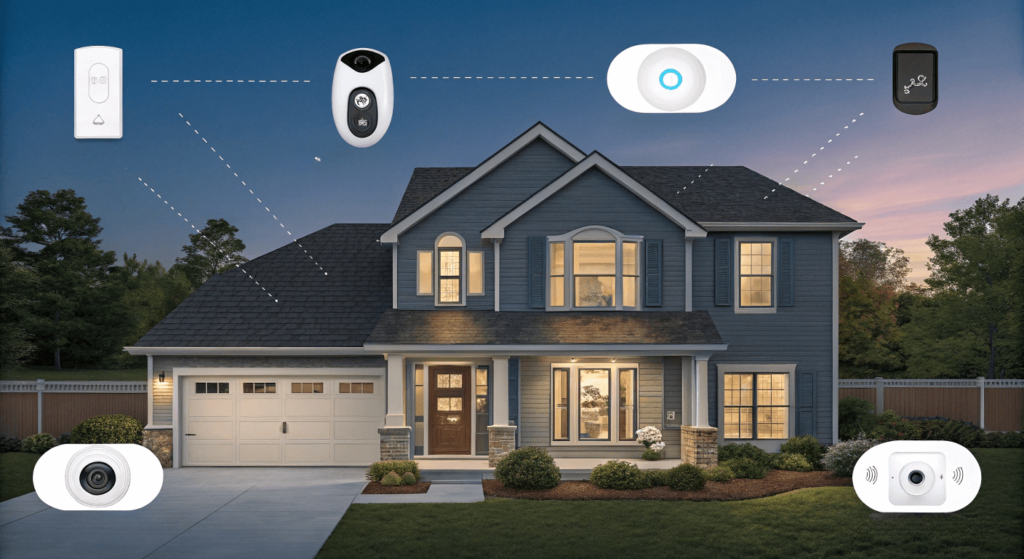 A visual representation of a home with various smart security devices, including a smart doorbell camera, window sensors, and motion detectors. This image highlights the various ways that you can increase your home security using smart devices