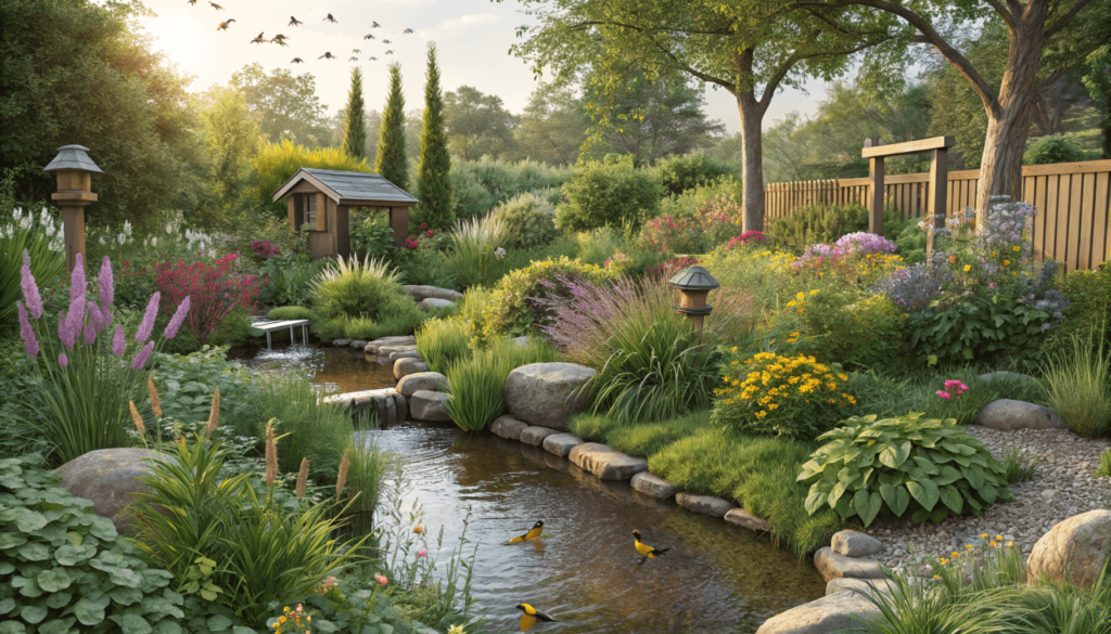 Wildlife-friendly garden feature with natural water element