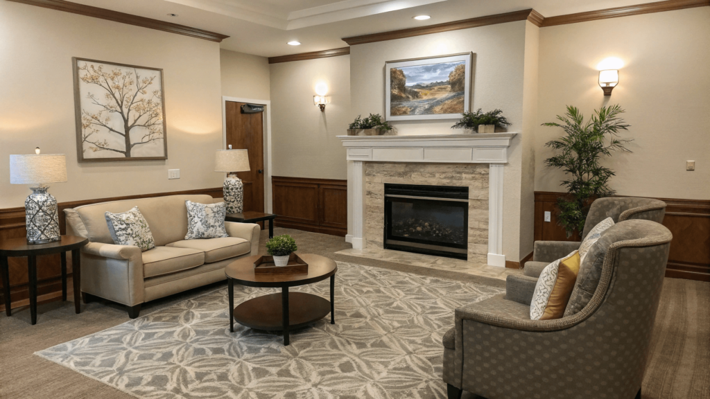 Well-arranged living room with conversation area, balanced layout, and clear traffic flow.