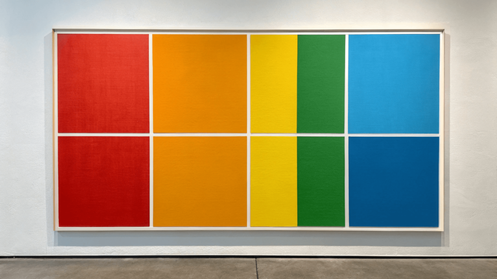 DIY color block canvas art with clean lines and complementary colors.