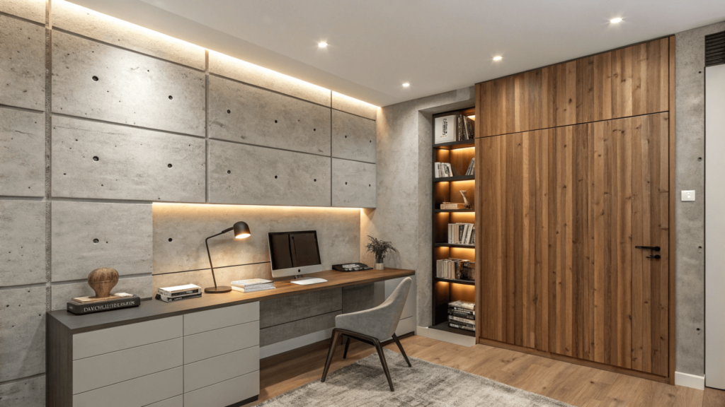 Office featuring concrete wall with wooden inlays