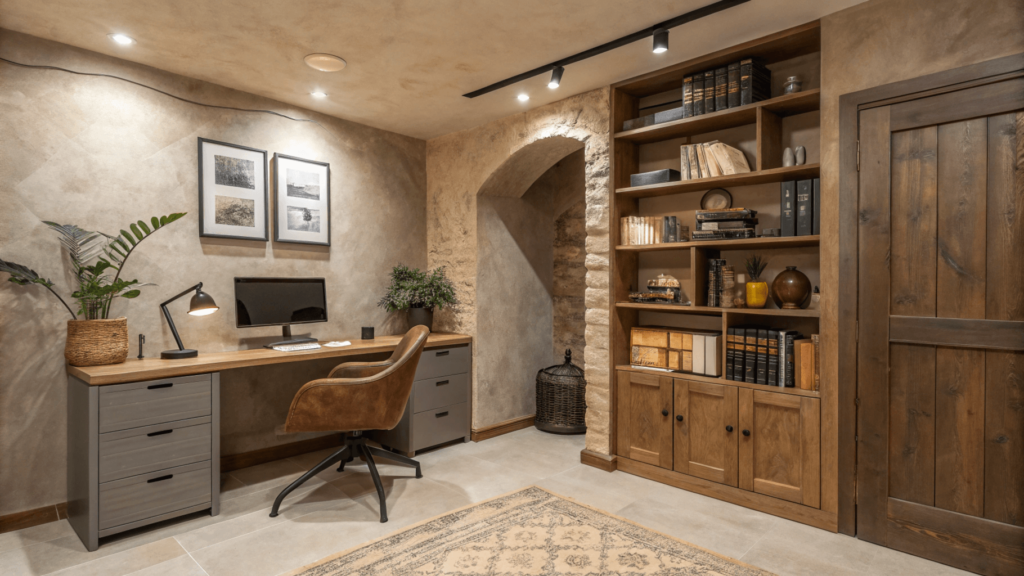 Home office with stained concrete walls in earth tones