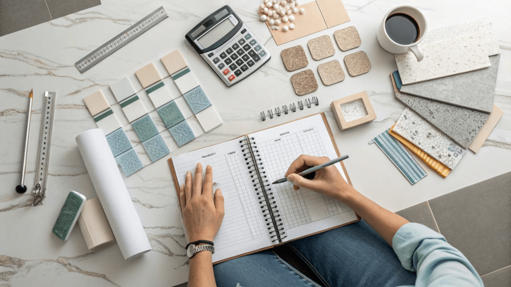 Homeowner planning a bathroom remodel budget with spreadsheet and samples.