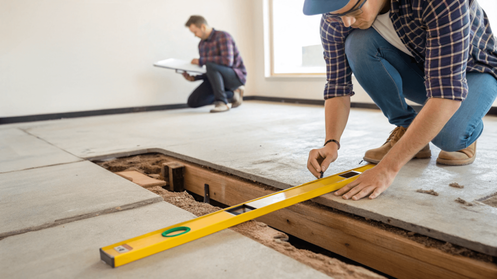 Inspecting subfloor condition before flooring installation.