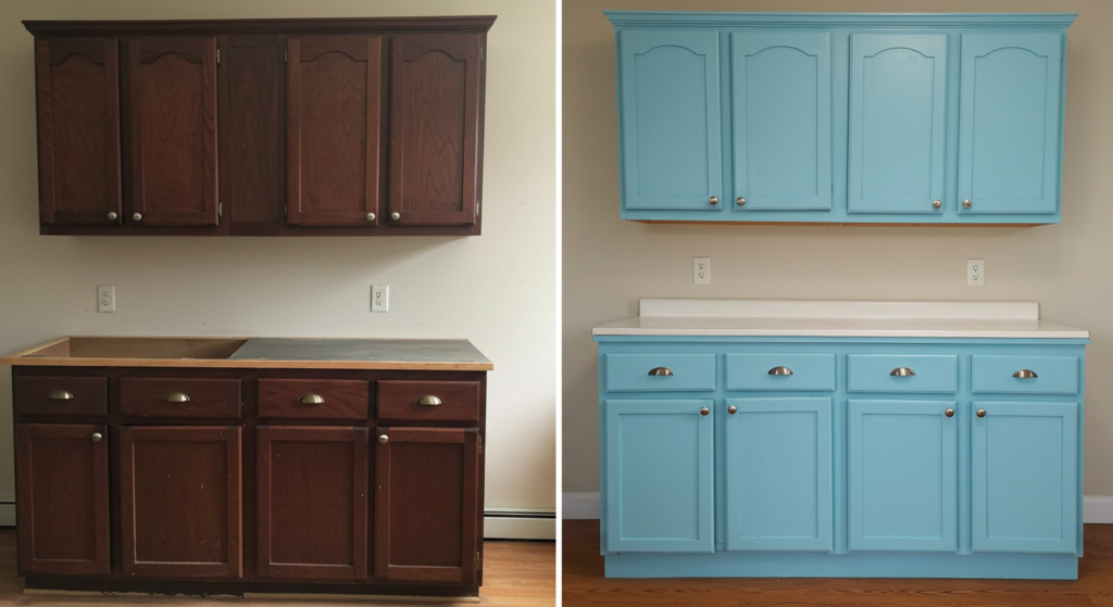 A before-and-after of the same cabinets, showing the transformation with paint and hardware.