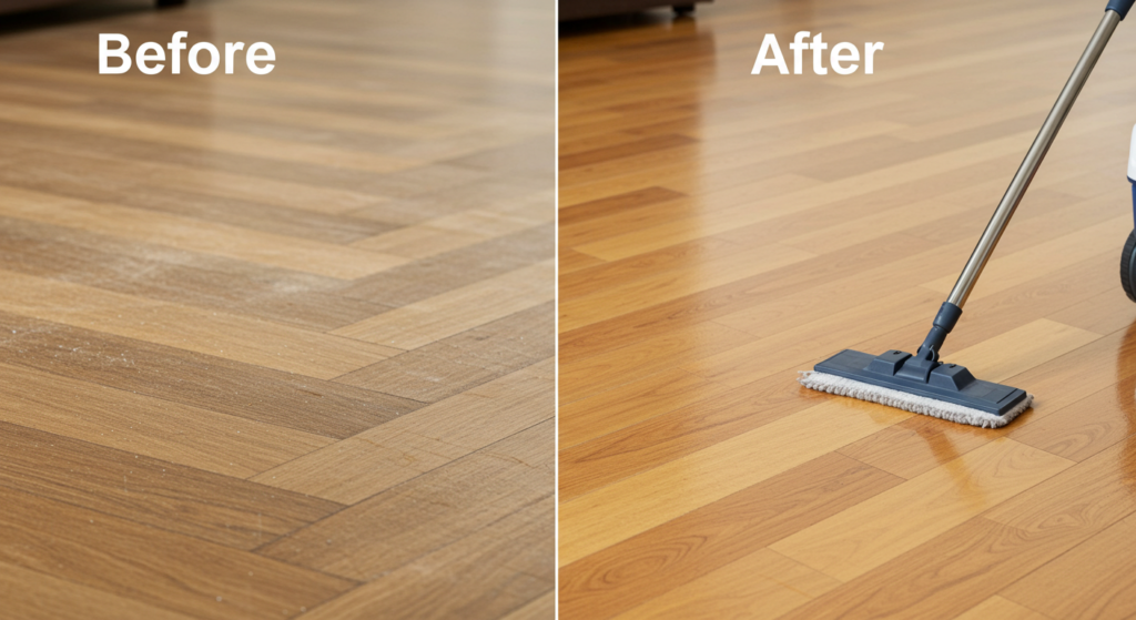 Before and after: flooring maintained and cleaned for long-lasting results.