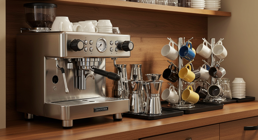 A dedicated coffee station with organized mugs and supplies.