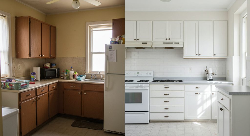 Budget-Friendly Renovation Ideas You'll Love (Under $5k!) A before-and-after split image showing a dated, cluttered small kitchen transforming into a bright, modern one.