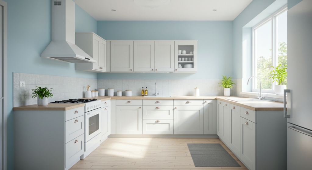 Light blue painted kitchen walls creating a bright and airy feel.